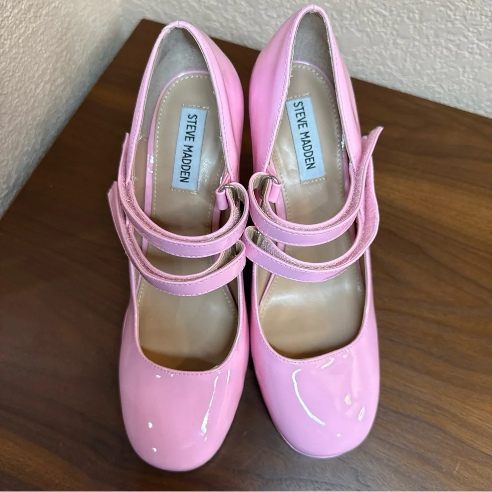 STEVE MADDEN Custom Twice Patent Pink Chunky Heel‎ Platform Mary Jane Pumps 9M